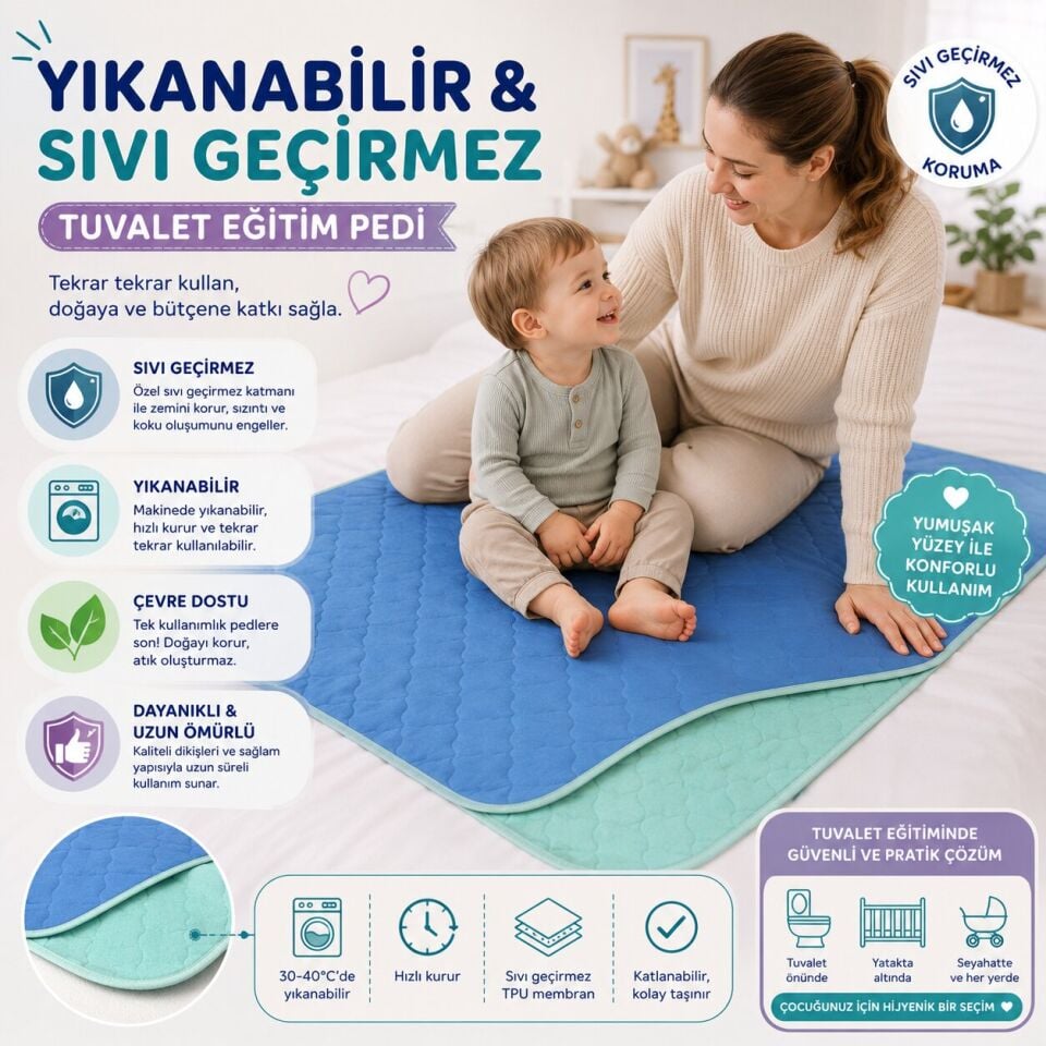 Abso, Yıkanabilir Emici Ve Sıvı Geçirmez Çocuk Tuvalet Eğitim Pedi