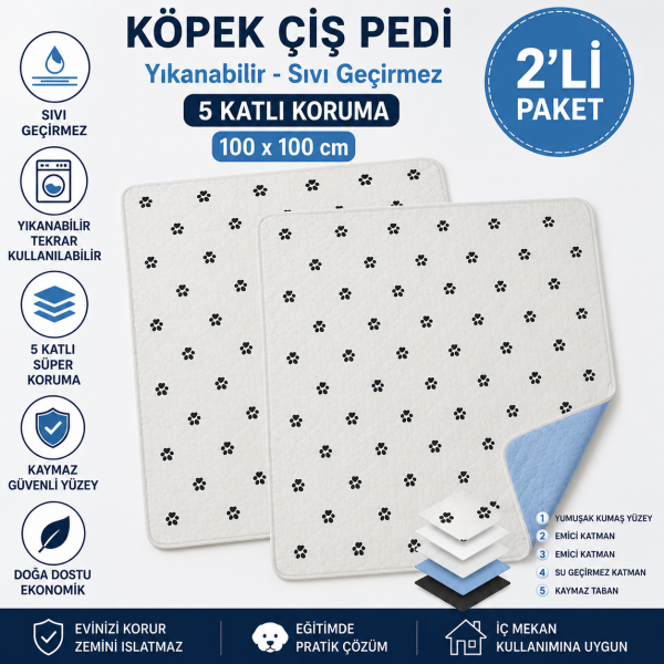 Köpek Çiş Pedi 100x100 cm Yıkanabilir Sıvı Geçirmez 5 Katlı Köpek Tuvalet Eğitim Pedi