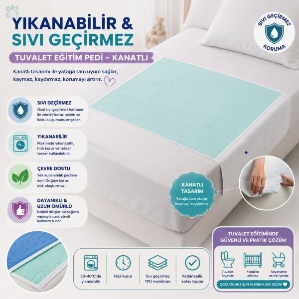 Abso, Yıkanabilir Emici Ve Sıvı Geçirmez Kanatlı Çocuk Tuvalet Eğitim Pedi