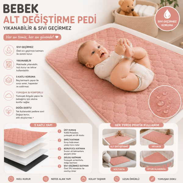 YIKANABİLİR VE SIVI GEÇİRMEZ BEBEK ALT AÇMA PEDİ