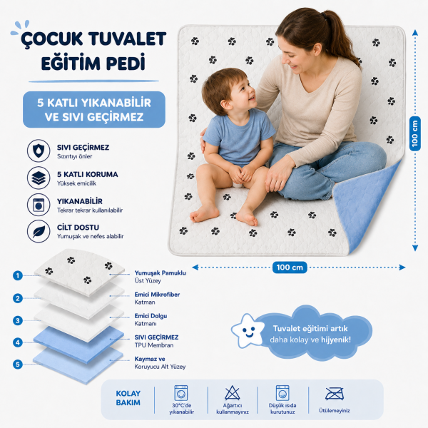 Desenli Çocuk Tuvalet Eğitim Pedi 100x100 cm 5 Katlı Yıkanabilir Sıvı Geçirmez Yatak Koruyucu